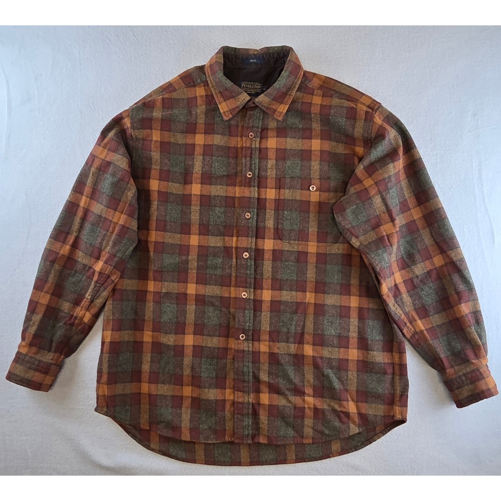 Pendleton Trail Shirt Mens XXL Virgin Wool Plaid Elbow Patch Brown Rust Green